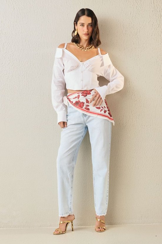 Calça Feminina Madonna Mom Com Lenço - De Algodão Jeans Feminino Dimy