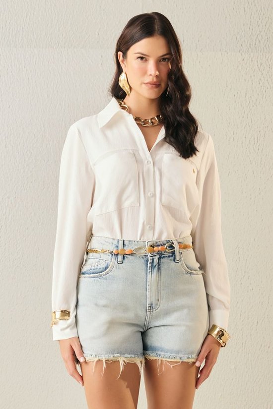 Shorts Feminino Madonna Mom Com Assimetria Com Cinto - De Algodão Jeans Feminino Dimy